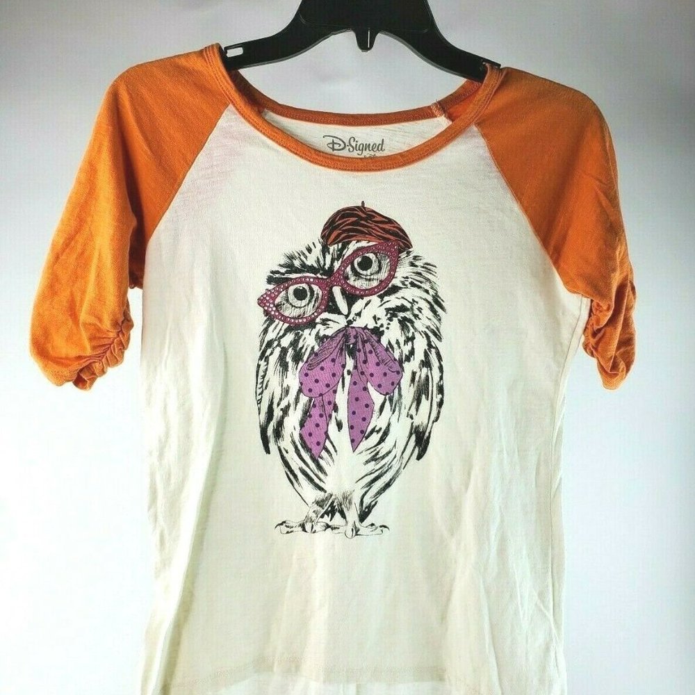 Disney D-Signed Girls Orange/White Top W/ Owl Wearing Jeweled Glasses XL EUC